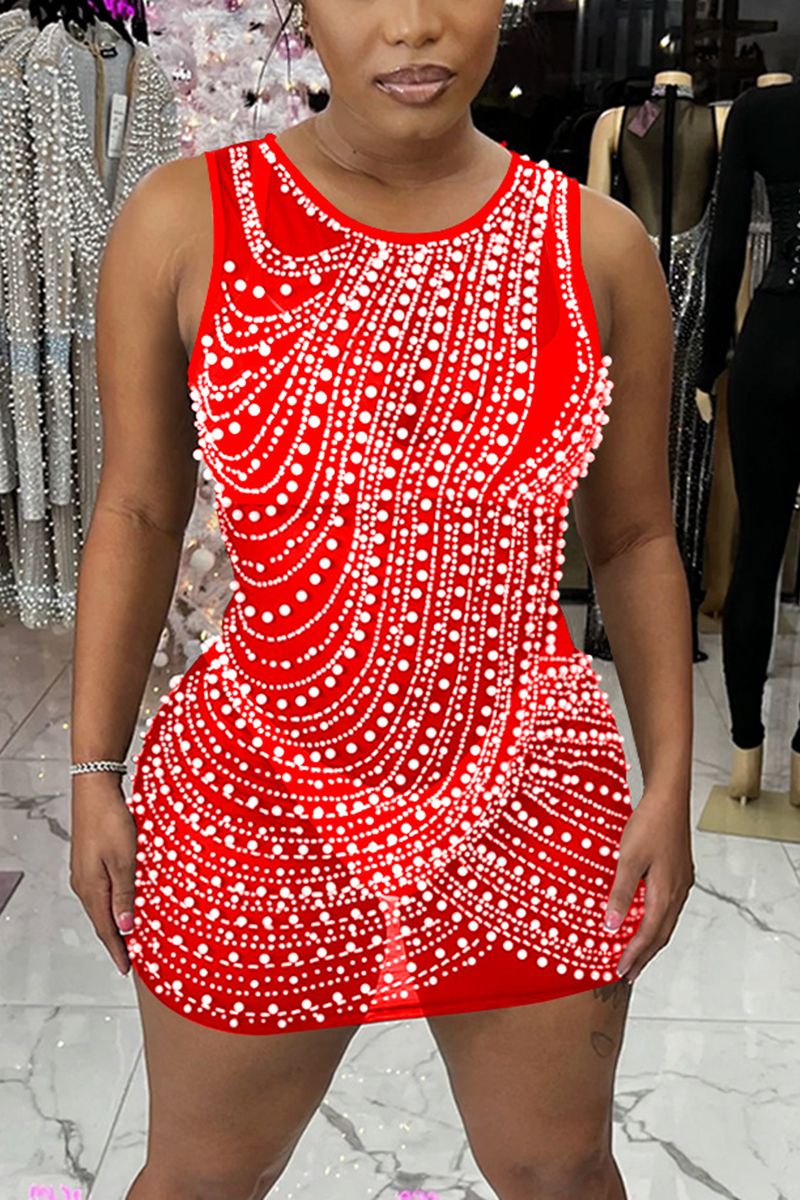 Contrast Mesh Rhinestone & Faux Pearls Decor Bodycon Dress