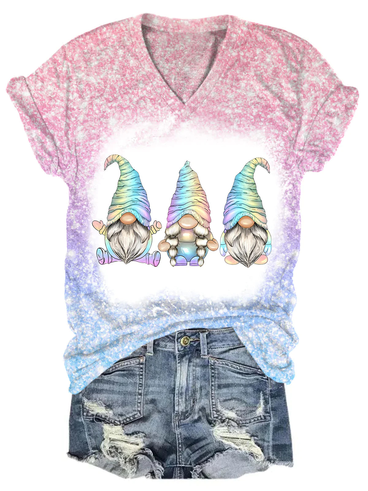 Watercolor Gnomes Gradient Glitter V Neck T-shirt