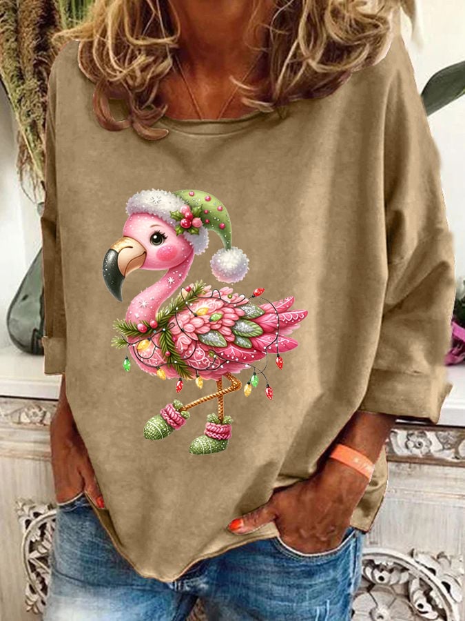 Christmas Loose Flamingo Printed Top