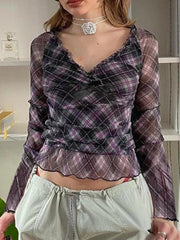 V Neck Plaid Mesh Bow Decor Long Sleeve Tee