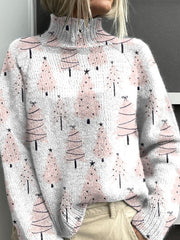 Pink Christmas Art Tree Print Knit Turtleneck Pullover Sweater