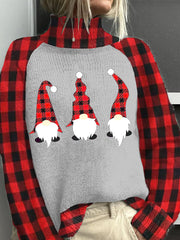 Womens Christmas Plaid Gnome Knit Turtleneck Sweater