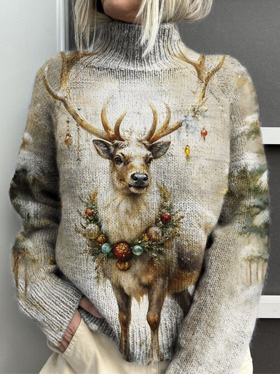 Christmas Elk Art Print Knitted Turtleneck Pullover Sweater