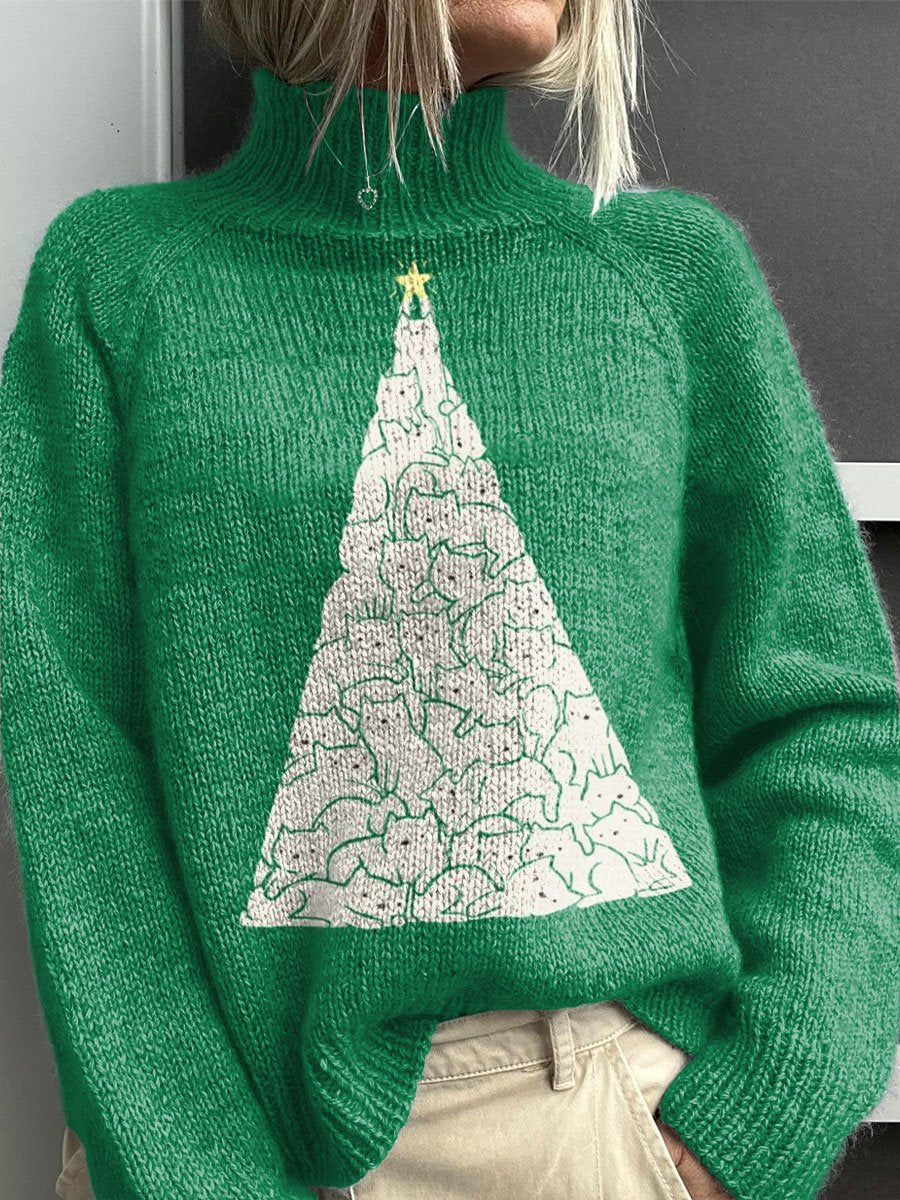Christmas Tree Art Print Knit Turtleneck Pullover Sweater