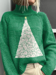 Christmas Tree Art Print Knit Turtleneck Pullover Sweater