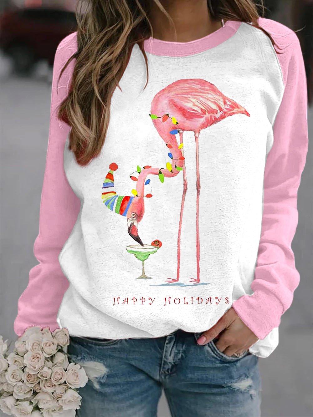 Merry Christmas Flamingo Contrast Print Sweatshirt