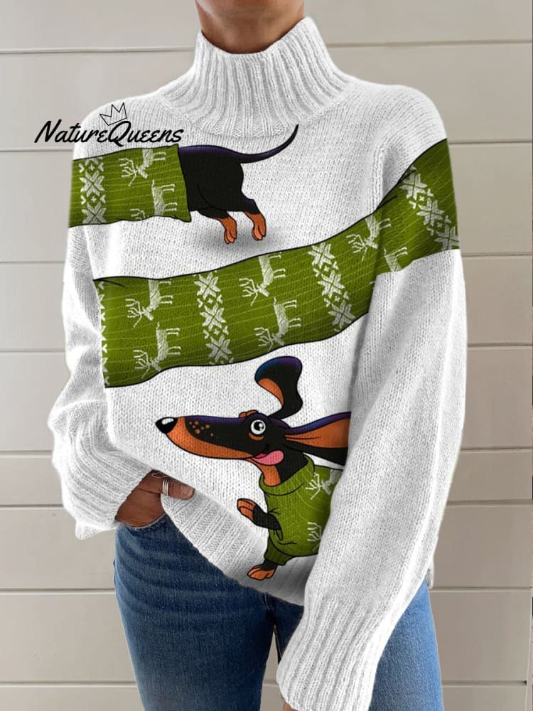 Christmas Dachshund  Print Knit Turtleneck Pullover Sweater