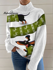 Christmas Dachshund  Print Knit Turtleneck Pullover Sweater
