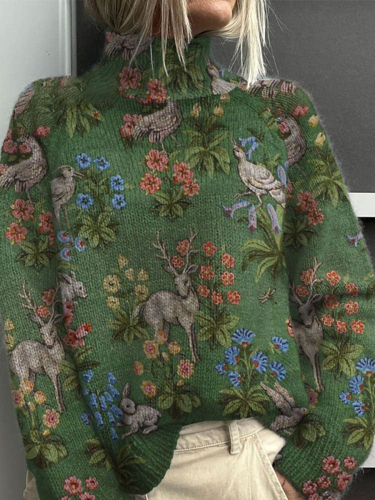 Retro Christmas  Art Print Knit Turtleneck Pullover Sweater