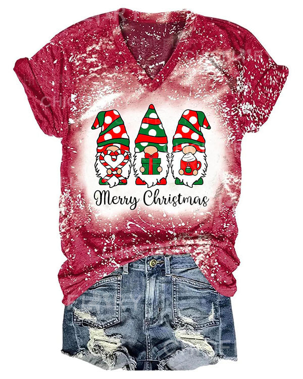 Women Merry Christmas Wave Point Gnomes Print T-Shirt