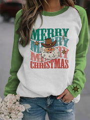 Christmas Cowboy Santa Print Casual Crew Neck Sweatshirt