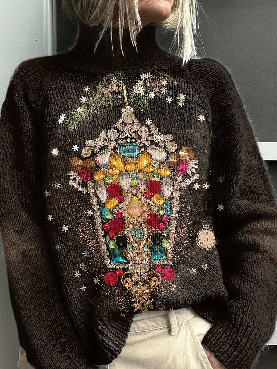 Vintage Christmas Print Knit Turtleneck Pullover Sweater