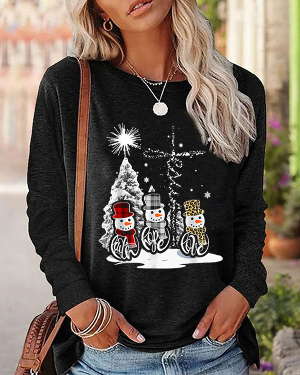 Christmas Snowman Casual Long Sleeve Crew Neck Loose Top