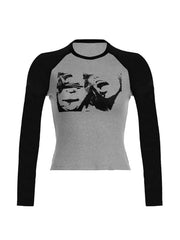 Street Portrait Print Raglan Ribbed Long Sleeve Knit