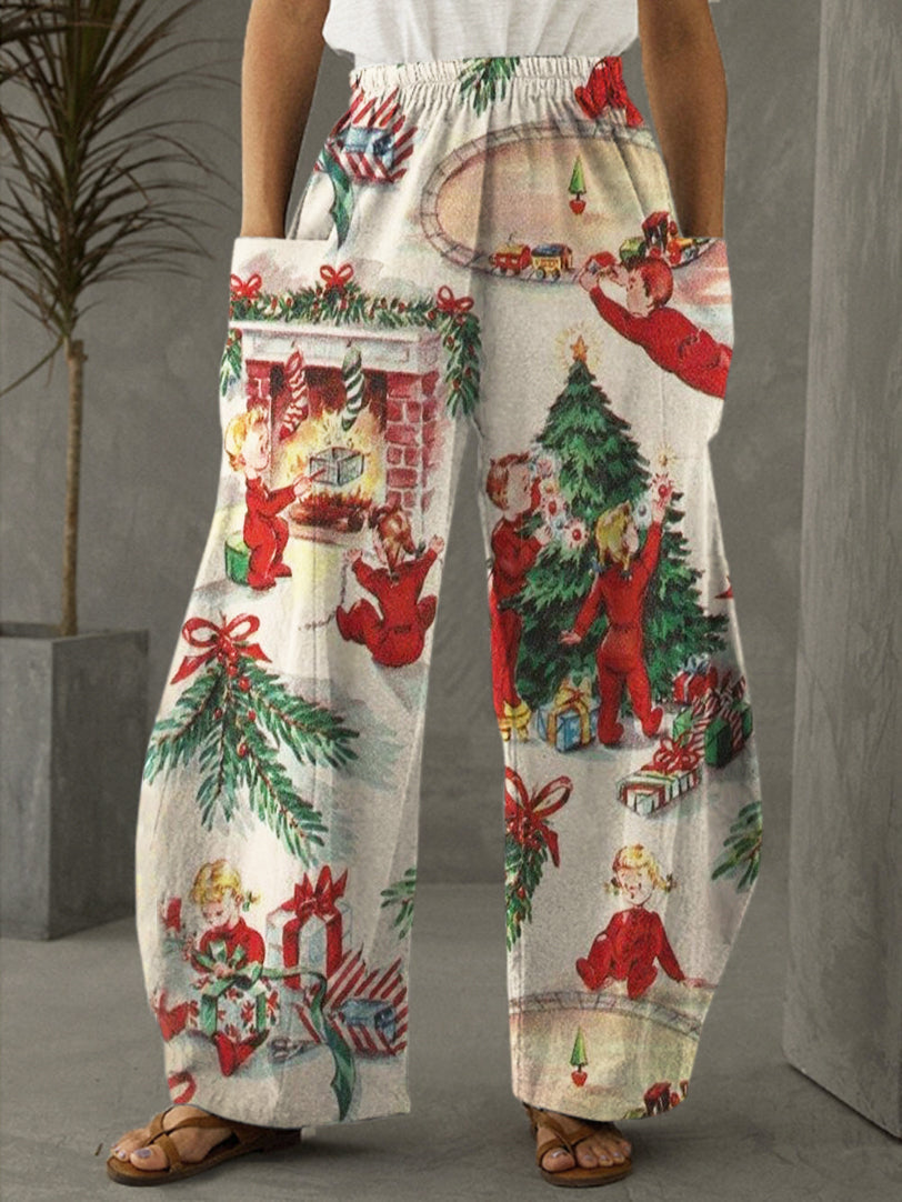 Vintage Christmas Print Casual Pants