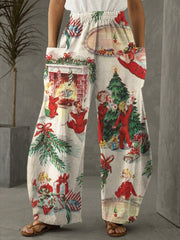 Vintage Christmas Print Casual Pants