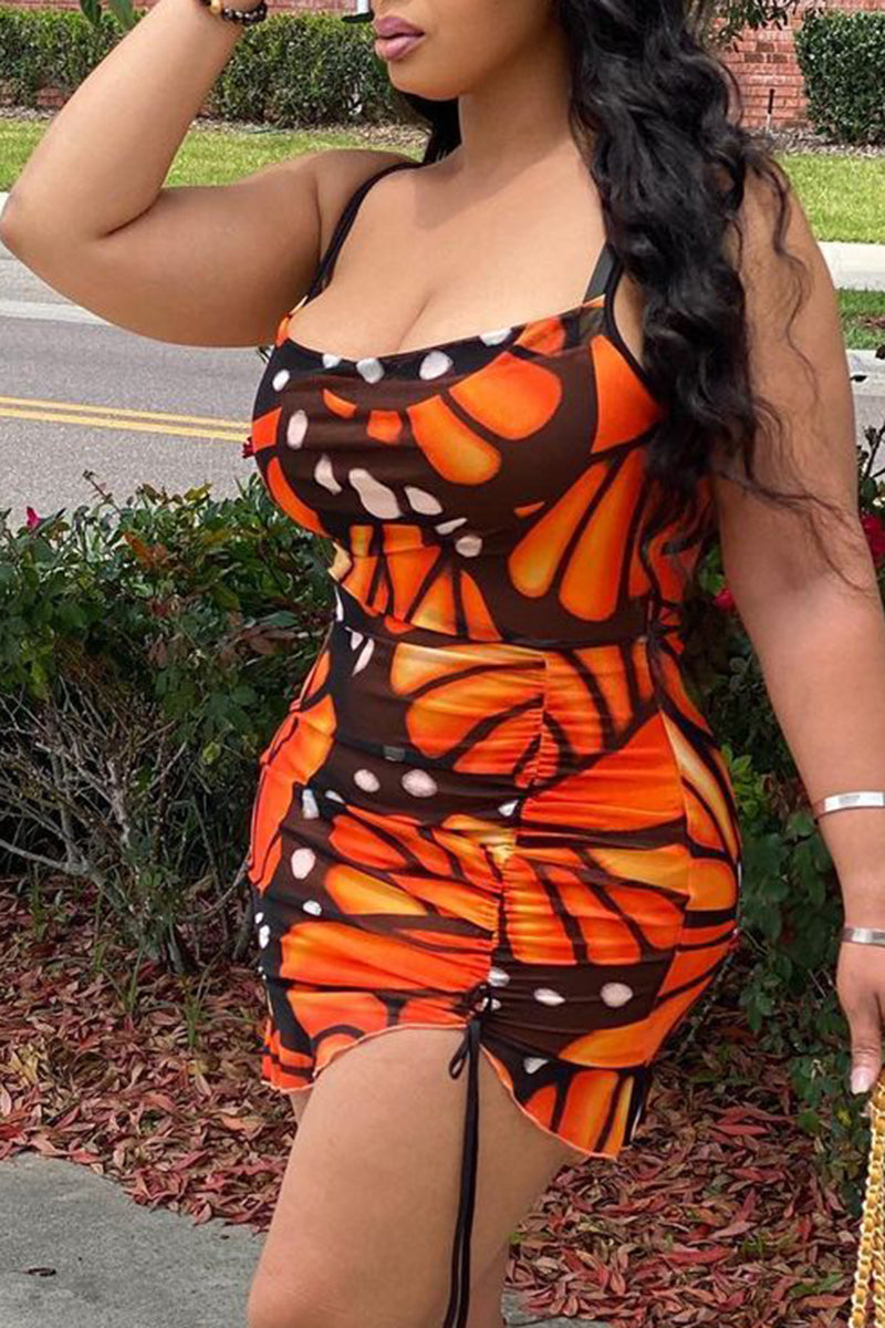 Allover Print Drawstring Ruched Mini Cami Dress
