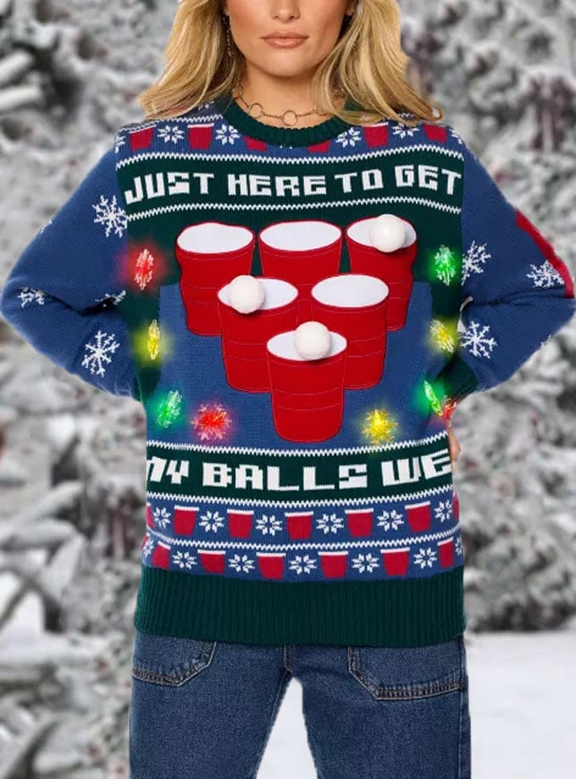 Light-Up Just Here to Get My Balls Wet Beer Christmas Knit Sweater