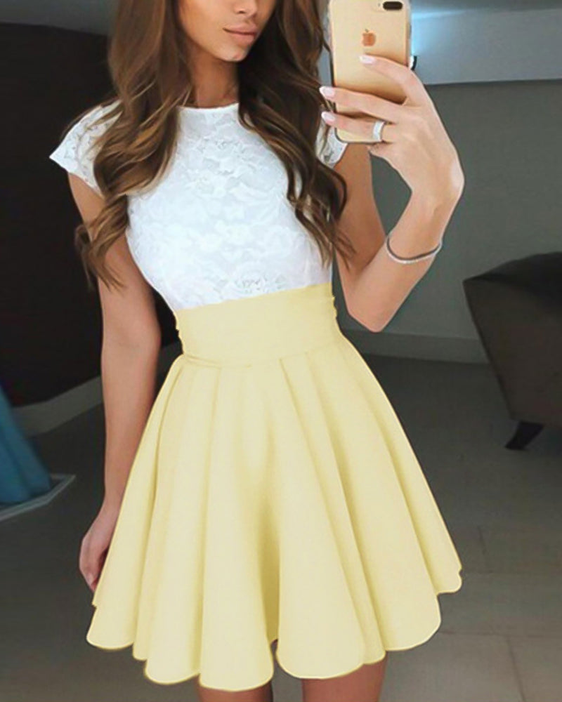 Colorblock Contrast Lace Ruffle Hem Mini Skater Dress