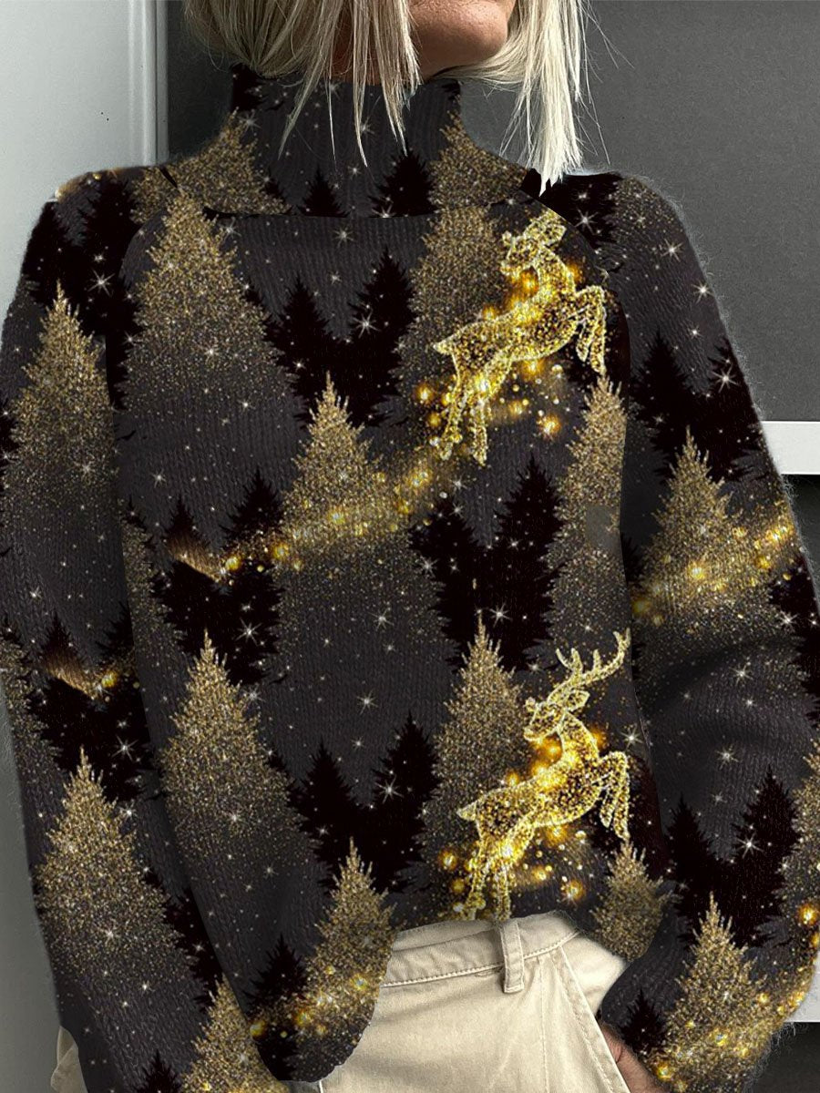 Glitter Gradient Christmas Tree Print Knit Turtleneck Pullover Sweater