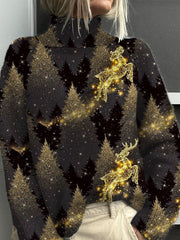 Glitter Gradient Christmas Tree Print Knit Turtleneck Pullover Sweater