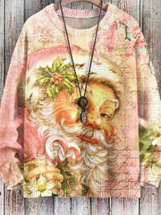 Pink Vintage Santa Claus Printed Sweater