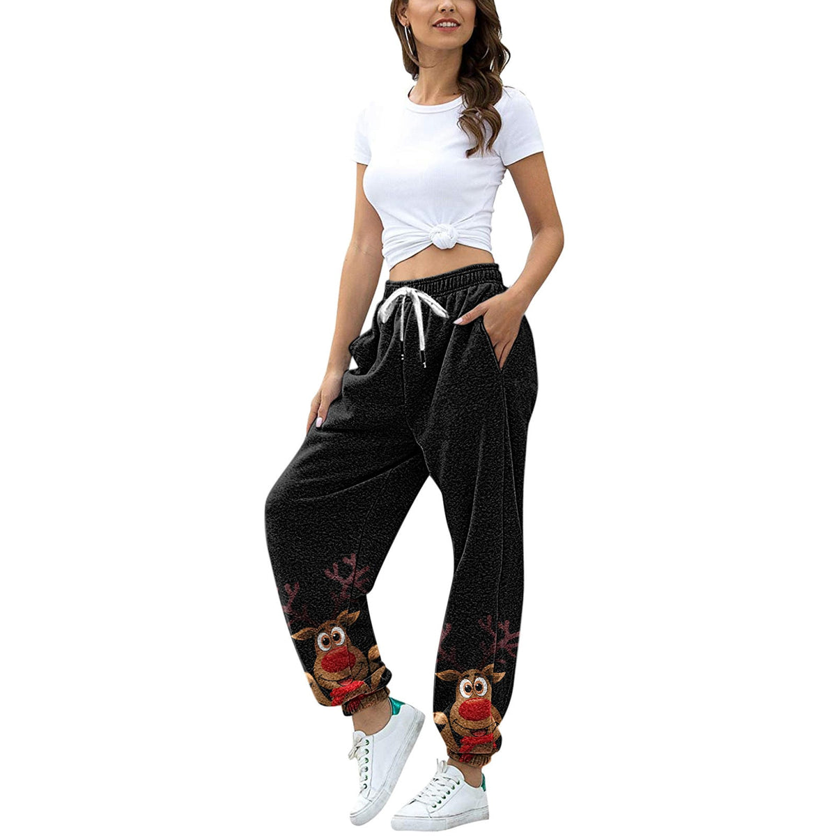 Christmas Black Deer Print Waist Drawstring Pants