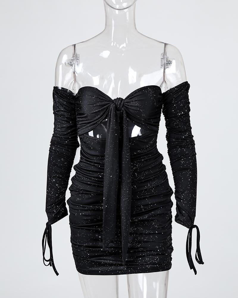 Glitter Off Shoulder Ruched Bodycon Dress