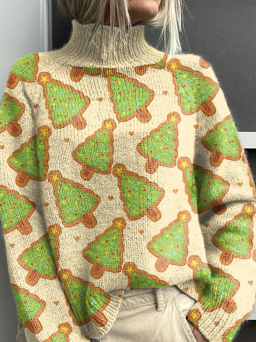 Cute Christmas Tree Christmas Print Knit Turtleneck Pullover Sweater
