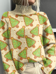 Cute Christmas Tree Christmas Print Knit Turtleneck Pullover Sweater