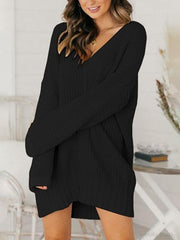 Loose V-neck Mid-length Sweater Dress