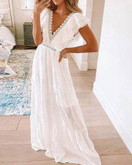 Layered Ruffles Lace Patch Plunge Maxi Dress