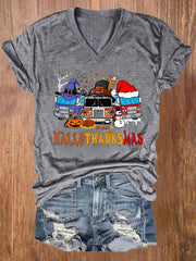 Casual Happy Hallothankmas Print Short Sleeve T-Shirt