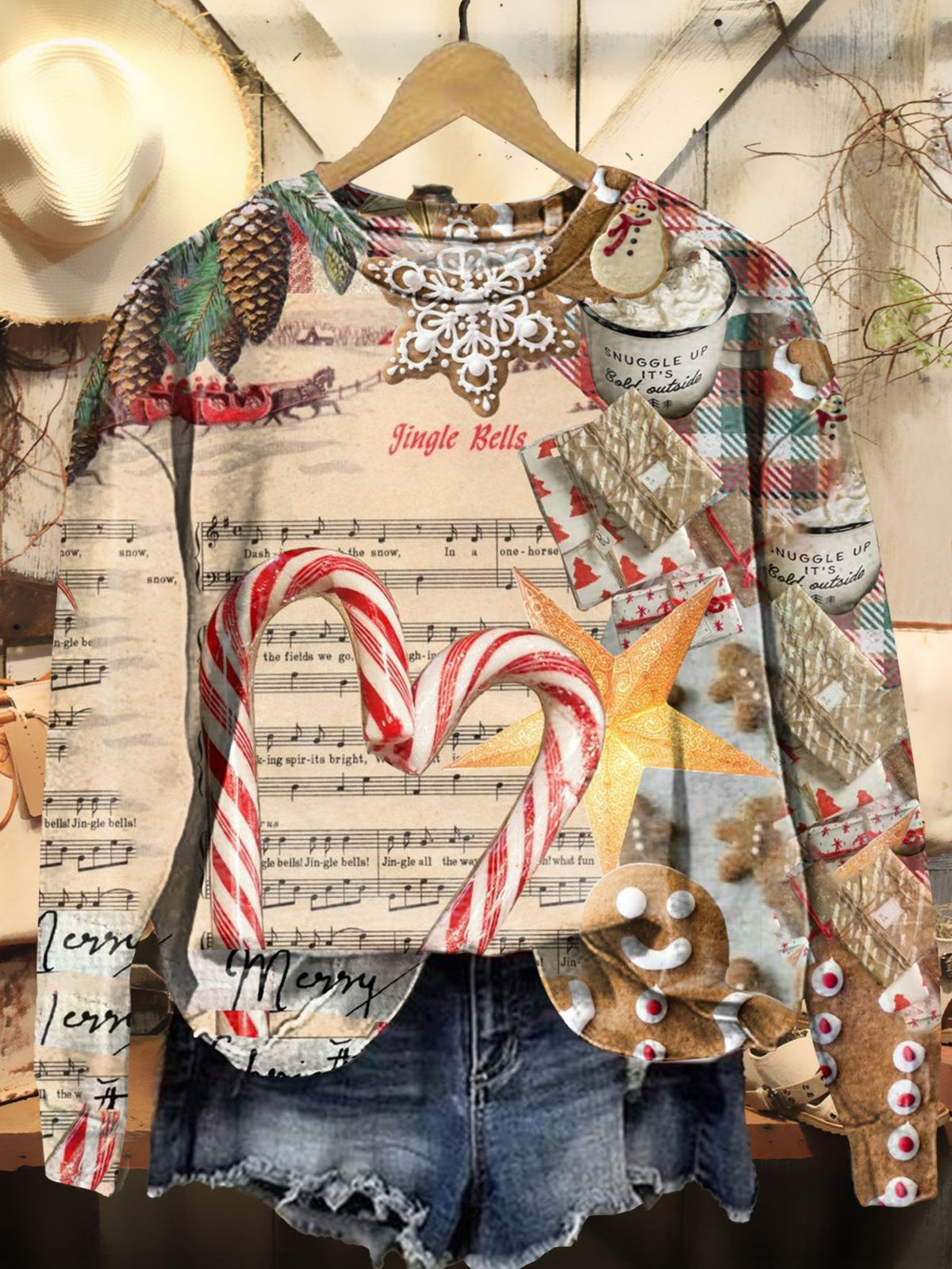 Christmas Gingerbread Man Candy Cane Art Print Casual Sweatshirt