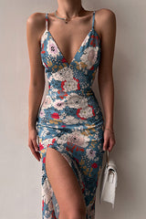 Floral Lace Back Slip Slit Slim Dress