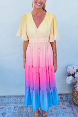 Ombre Sunset Ruffles Maxi Dress