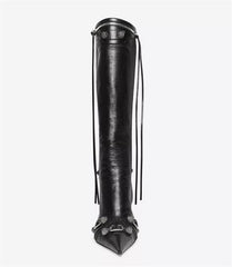 PU Buckle Pointed Toe Knee High Heels