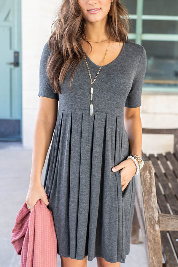 Solid Pleated Waist Short Sleeve Dress