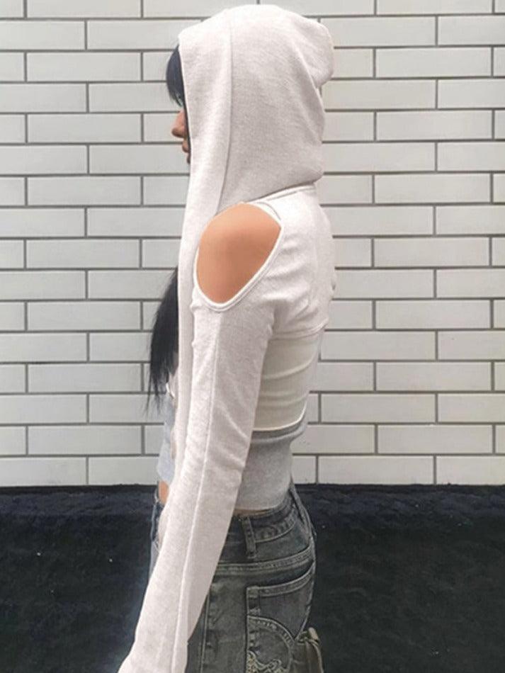 Solid Color Cutout Hooded Lacing Long Sleeve Tee