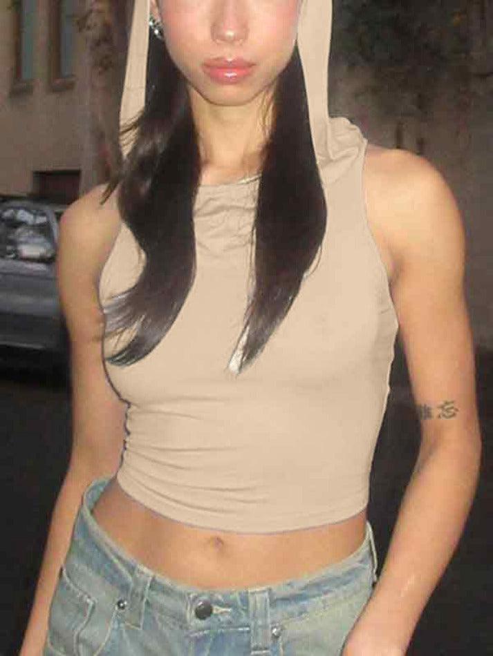 Solid Color Cutout Hooded Tank Top