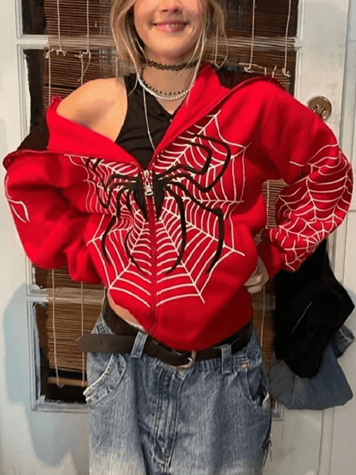 Spider Print Zip-Up Hoodie