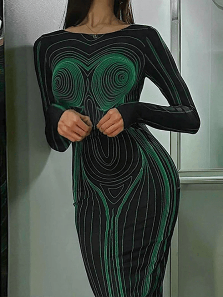 Spiral Line Print Long Sleeve Maxi Dress