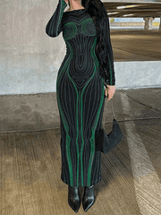 Spiral Line Print Long Sleeve Maxi Dress
