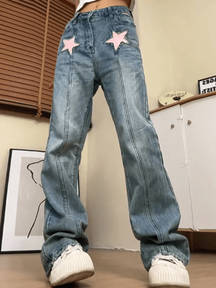 Star Embroidery High Waist Boyfriend Jeans