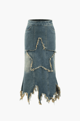 Star Patchwork Frayed Denim Skirt