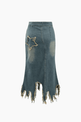 Star Patchwork Frayed Denim Skirt