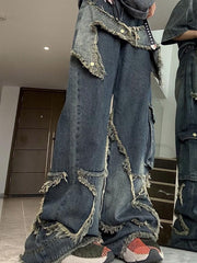 Street Frayed Patch Splice Mopping Boyfriend Jeans