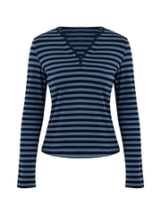 Striped V Neck Long Sleeve Tee