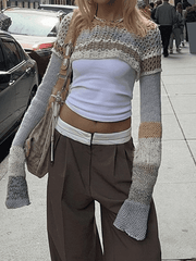 Super Crop Long Sleeve Knit Striped Crochet Top