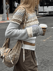 Super Crop Long Sleeve Knit Striped Crochet Top